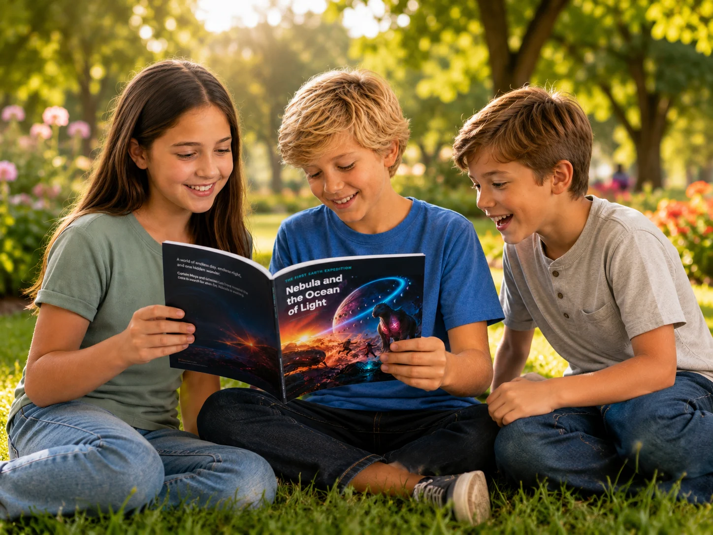 Three friends reading a space book they created together