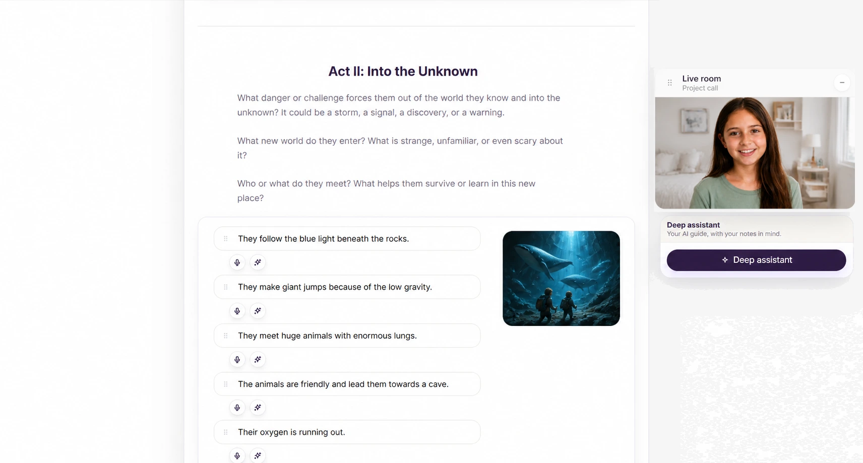 Deep brainstorming workspace with a live video room, idea notes, and an underwater scene