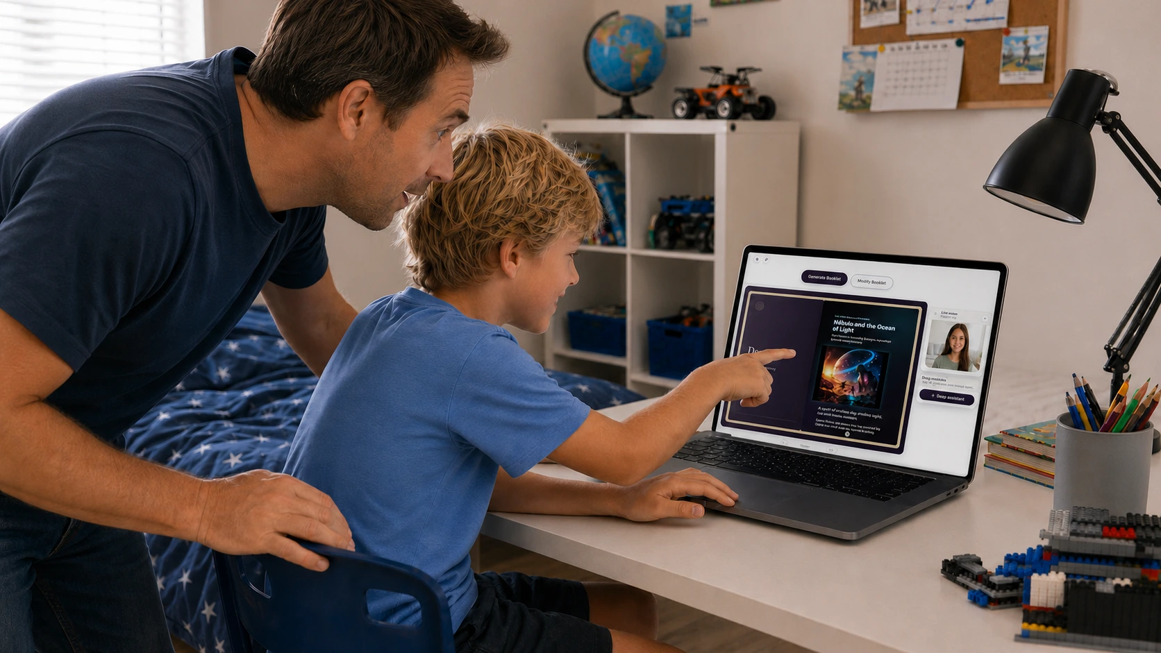 Child and parent reviewing a book being created in Deep