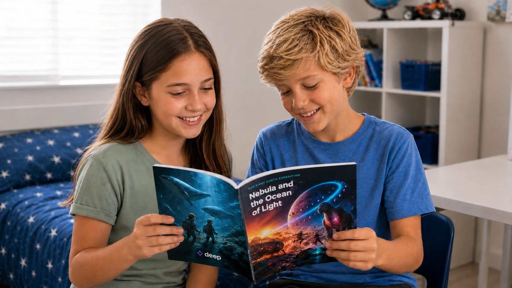 Two children proudly reading the book they created together